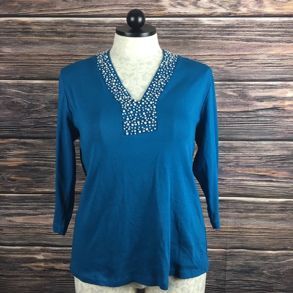 Rafaella pearl collar Tunic Teal Blue Top 1X 1330 - Picture 2 of 6